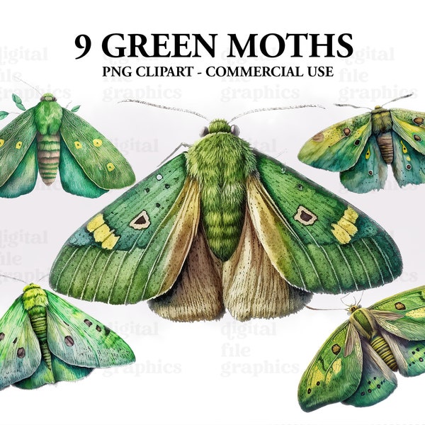 Green Moths Watercolor Clipart, Moths Fantasy style, Magical clipart, Witchcraft Bundle PNG, Wiccan,Mystical clipart, Pagan Instant Download