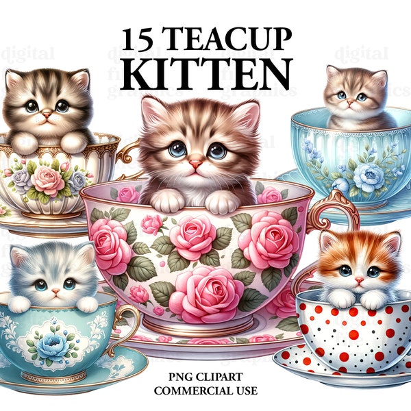 Cute Kittens in Teacup Watercolor Clipart, Cute Kittens Animal Clipart PNG, Cat Card graphics, Paper craft - Junk Journal, Scrapbooking