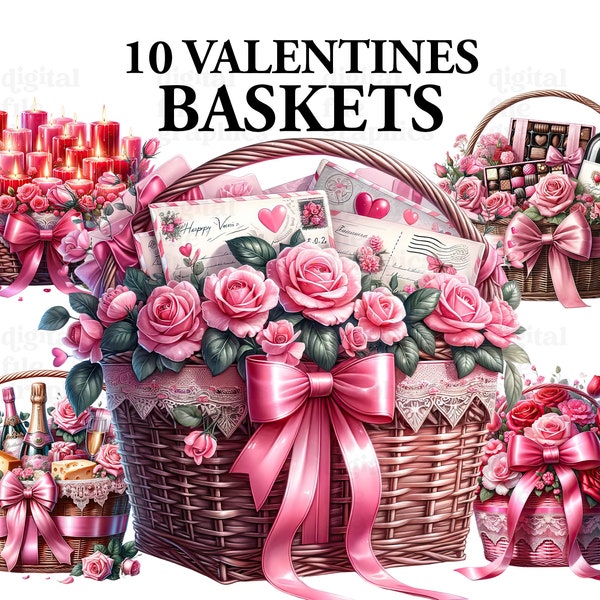 Valentines Day Gift Basket Watercolor Clipart PNG, Valentines Day png, Flower basket Clipart, Valentines Heart png Transparent, Scrapbooking