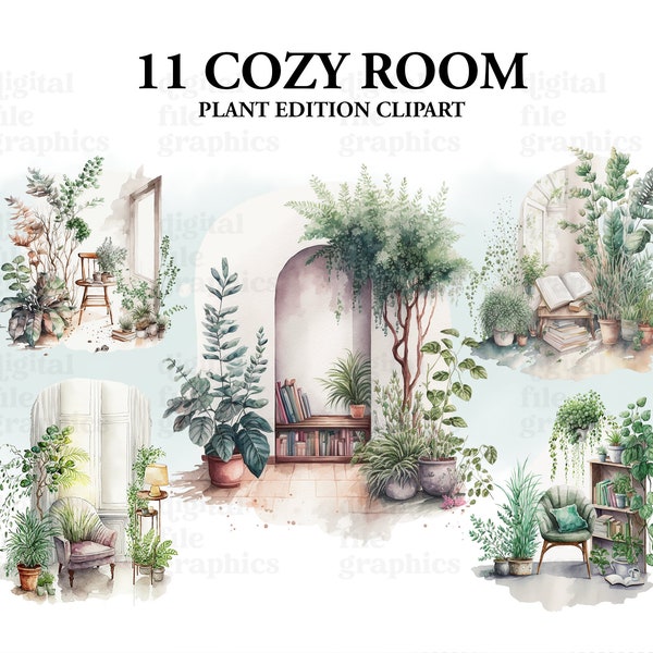 Cozy Home Houseplants Watercolor Clipart, Library Interior Room, Favourite Place, Plant Bundle PNG, Book reading, Instant Download