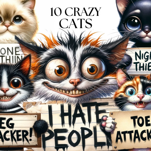 Crazy Cats Watercolor Clipart, Funny Cats PNG, Funny Sublimation Clipart, Paper craft - Junk Journal, Scrapbooking