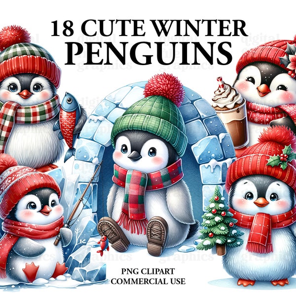 Imágenes Prediseñadas de acuarela de pingüino lindo de invierno, imágenes prediseñadas de pingüino PNG, gráficos de tarjetas de Navidad, artesanía de papel - Diario basura, Scrapbooking