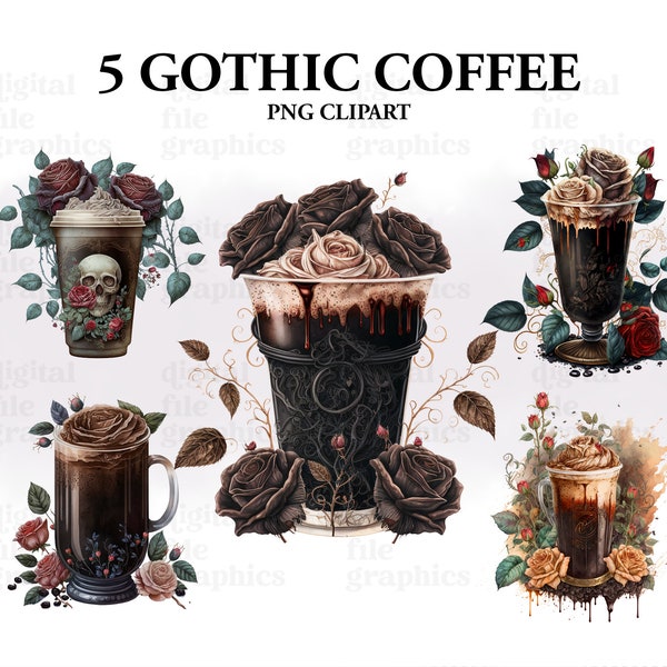 Gothic Coffee Watercolor Clipart, Coffee clipart, Gothic Bundle PNG, Roses Dark, Dark Spell, Witch Coffee, Instant Download