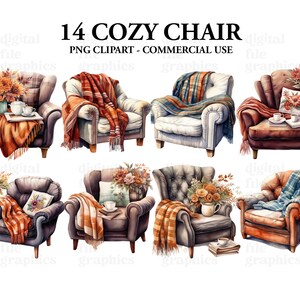 Fall Cozy Reading Chair Watercolor Clipart, Cozy Blanket Chair Clipart