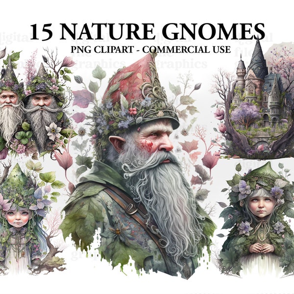 Fantasy Natur Gnome Clipart - Märchen Aquarell Clipart, Zwerge Clipart, Zauberwald Bundle PNG, Instant Download