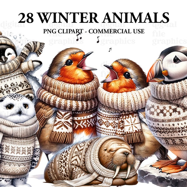 Christmas Cozy Winter Animal Watercolor Clipart, Christmas Festive Animals PNG, Christmas Clipart, Paper craft - Junk Journal, Scrapbooking