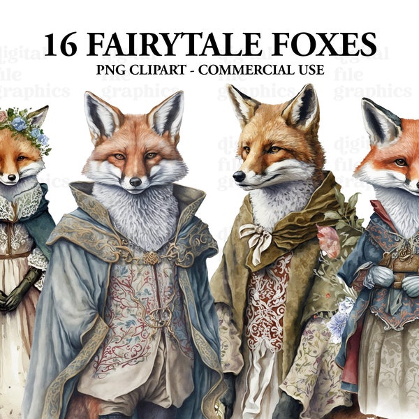 Fairytale Foxes Watercolor Clipart, fairytale Clipart PNG, fantasy fox, Fantasy art Clipart, Paper craft - Junk Journal, Scrapbooking