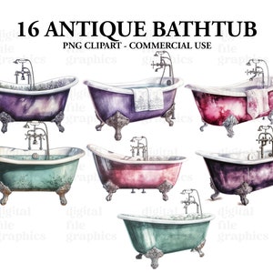 Antique Bathtubs Watercolor Clipart, Bath tub clipart, Bathroom clipart, clipart Bundle PNG, Junk Journal, Paper Crafts Scrapbooking image 3