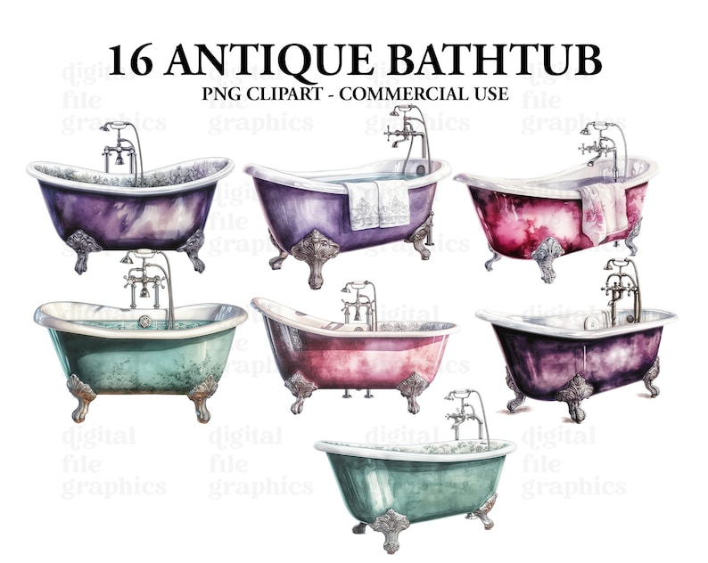 Antique Bathtubs Watercolor Clipart, Bath tub clipart, Bathroom clipart, clipart Bundle PNG, Junk Journal, Paper Crafts Scrapbooking image 3