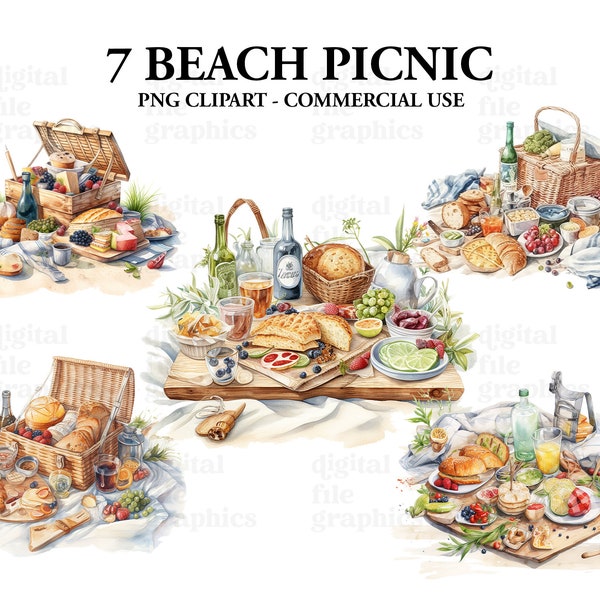 Beach Picnic Clipart, Watercolor Picnic Clipart, Watercolor bundle, Instant Download, Scrapbook, Junk Journal, Paper Crafts Scrapbooking