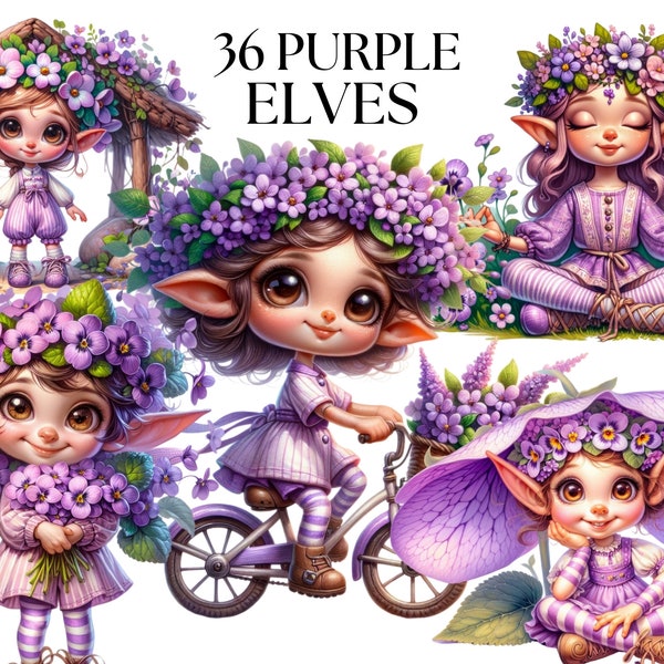 Purple Elves Clipart Clipart, Flower Elve clipart PNG, Cute Fantasy Elves PNG, Scrapbook, Junk Journal, Paper Crafts Scrapbooking