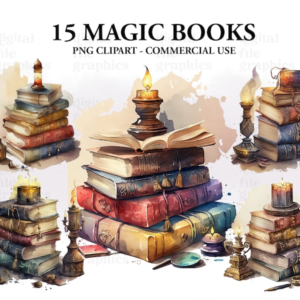 Magic Books with Candle Watercolor Clipart, Book shop Buildning,  Book Bundle PNG, Watercolor clipart, Scrapbooking, Instant Download