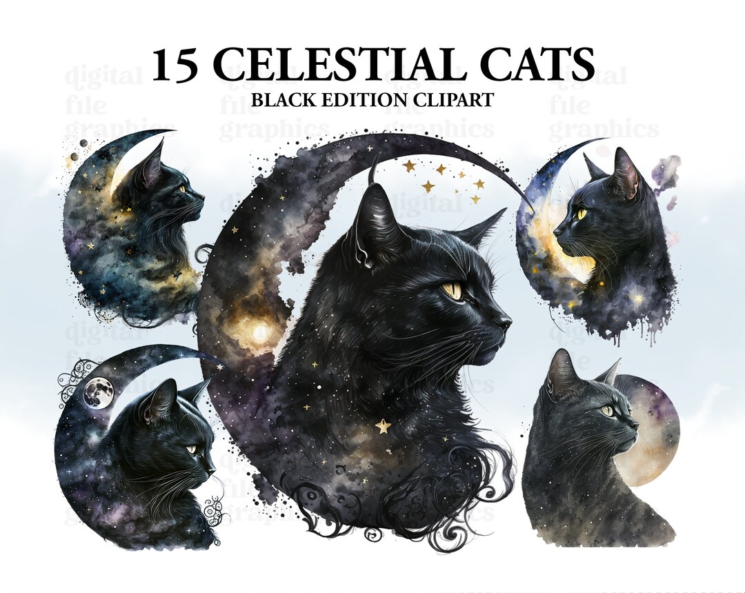 Celestial Black Cat Watercolor Clipart, Black Cat, Magical Clipart ...