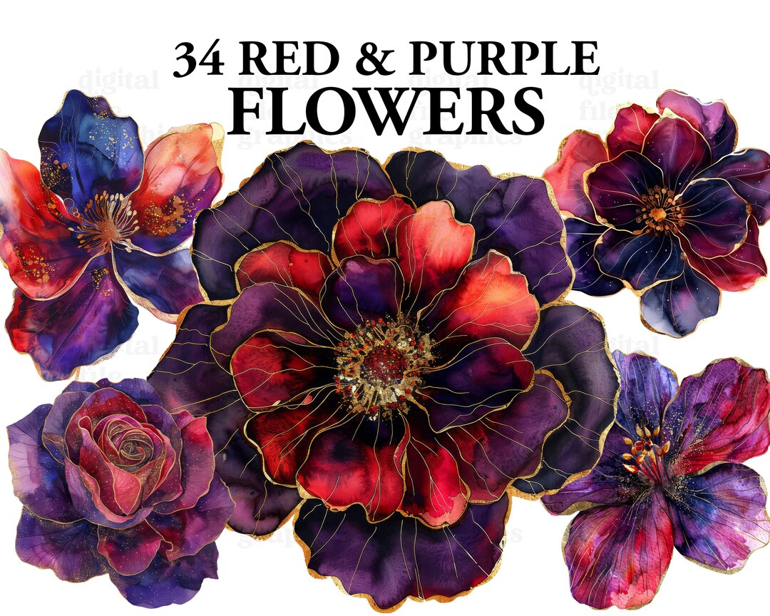 Red Purple Abstract Flowers Clipart, Various Flowers With Golden Edge ...