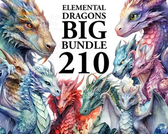 BIG BUNDLE Elemental Dragons Aquarelle Clipart, Fantasy Dragons png, Conte de fées magique, Scrapbook, Junk Journal, Paper Crafts Scrapbooking