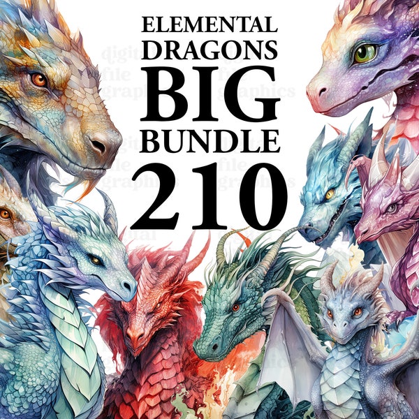 BIG BUNDLE Elemental Dragons Watercolor Clipart, Fantasy Dragons png, Magical Fairytale, Scrapbook, Junk Journal, Paper Crafts Scrapbooking