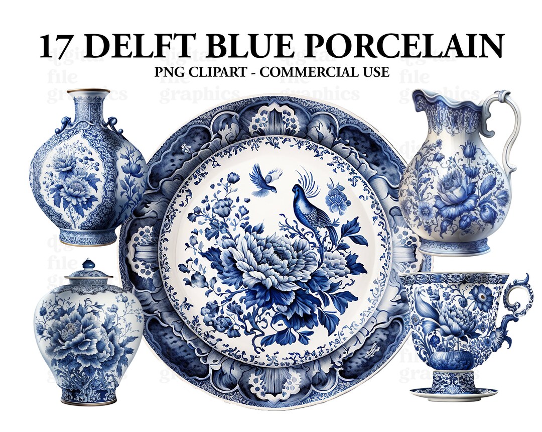 Delft Blue Porcelain Clipart Watercolor Clipart, Blue White Porcelain ...