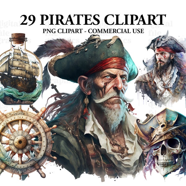 Pirate aquarelle Clipart, style Pirate Skull Black, clipart magique, Pirates Bundle PNG, clipart mystique, céleste, téléchargement immédiat