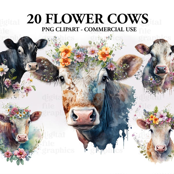 Flower Cows PNG, Brown Cow, Watercolor Cow PNG, White Cow, Animal Clipart, Cow Image, Cow Clipart, Cow Sublimation, Instant Download