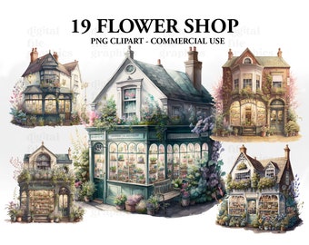 Flower Shop Storefront Watercolor Clipart, Flower shop Building, Cute Shop Bundle PNG, Floral shop clipart, Scrapbooking, Instant Download