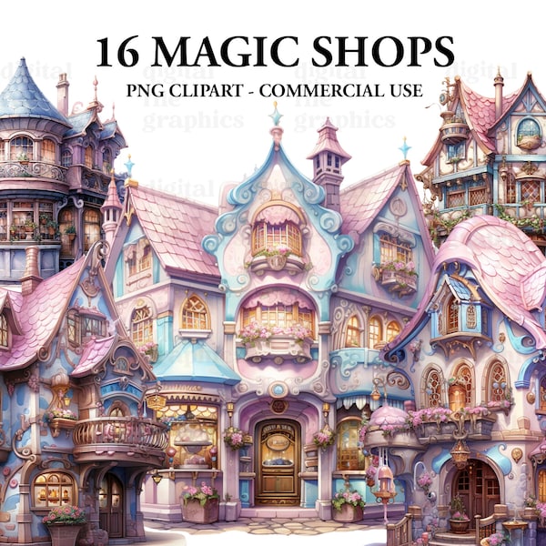 Magic Shops Watercolor Clipart, Magical Mystical art, Fantasy clipart, Witchcraft Bundle PNG, Magic clipart, Instant Download, Shop front