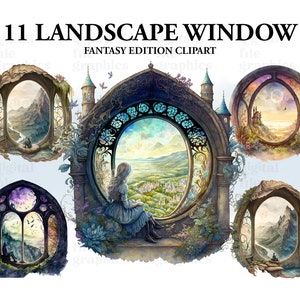 Fantasy Landscape Window Watercolor Clipart, Window clipart, Fantasy clipart, Magic forest Bundle PNG, Fantasy Window, Instant Download