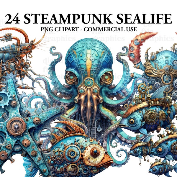 Steampunk Sealife Clipart, Steampunk Clipart PNG, Fisch PNG, Scrapbook, Junk Journal, Papier Handwerk Scrapbooking