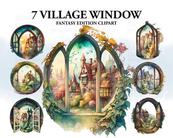 Fantasy Village Window Watercolor Clipart, Window clipart, Fantasy clipart, Magic forest Bundle PNG, Fantasy Window, Instant Download