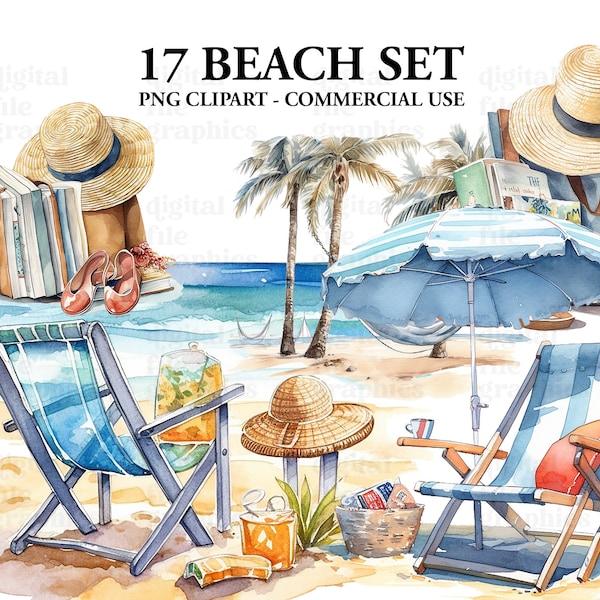 Beach Day Set Watercolor Clipart, Beach clipart, Beach Bag, Beach chair, Watercolor Bundle PNG, Scrapbooking, Instant Download