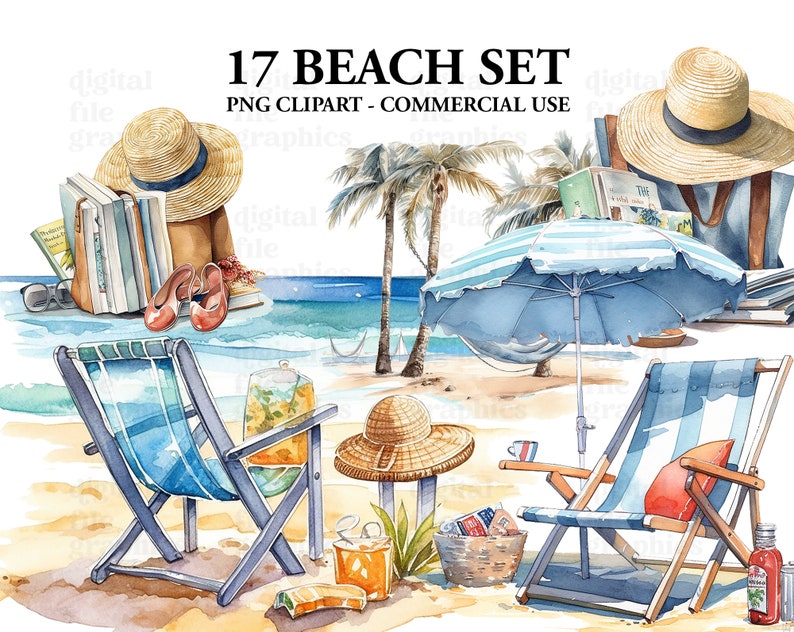 Beach Day Set Watercolor Clipart, Beach clipart, Beach Bag, Beach chair, Watercolor Bundle PNG, Scrapbooking, Instant Download image 1