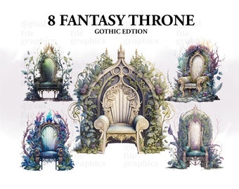 Fantasy Throne Watercolor Clipart, Princess Throne, Gothic clipart, Princess Fantasy Bundle PNG, Roses Dark, Dark Spell, Instant Download