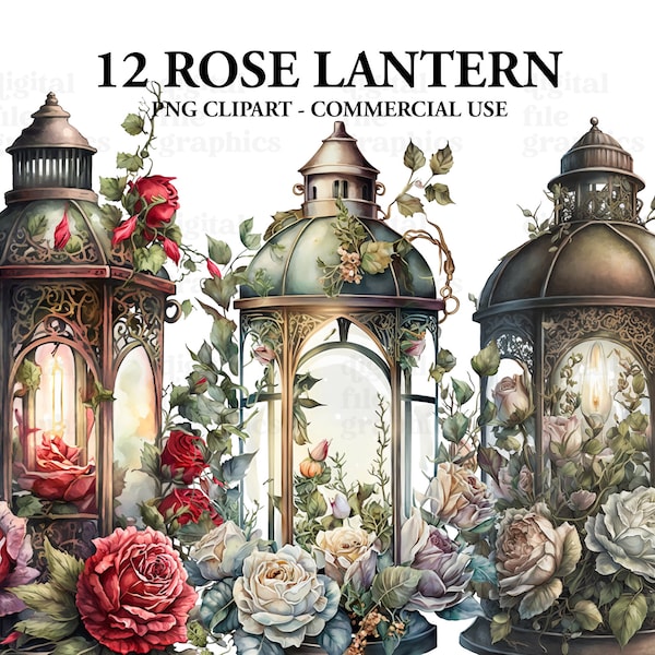Lantern Roses Watercolor Clipart, Lantern clipart, Gothic Bundle PNG, Roses Art, Dark Spell, Candle Lantern, Instant Download