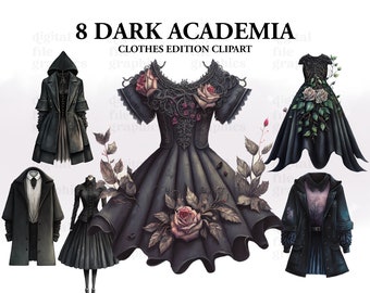 Dark Academia Inspired Clothes Watercolor Clipart, Gothic Bundle PNG, Dresses Dark Academia, Dark Spell, Instant Download
