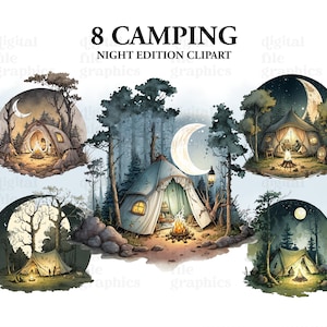 Camping by Night Watercolor Clipart, Hiking family, Camping Bundle PNG, Moon light, Fireplace, Tent, Campers, Forest, Instant Download