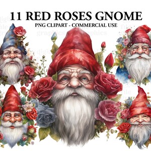 Red Roses Gnome Clipart, Watercolor Gnome, Watercolor Clipart Bundle ...