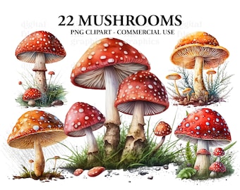 Mushroom Watercolor Clipart, Watercolor forest art, Fantasy clipart, Mushrooms Bundle PNG, Magic clipart, Instant Download