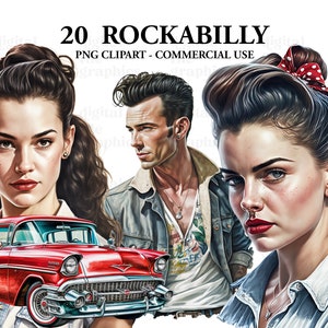 Rockabilly Retro Watercolor Clipart, Veteran cars Clipart PNG, Portrait Girl, Motor art Clipart, Paper craft - Junk Journal, Scrapbooking