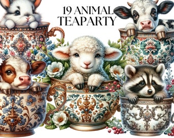 Cute Animals in Teacup Watercolor Clipart, Cute Animal Clipart PNG, Victorian Card graphics, Paper craft - Junk Journal, Scrapbooking