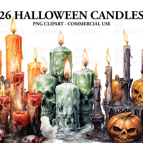 Halloween Candles Watercolor Clipart, Pumpkin Candle Clipart PNG, Scary Fantasy art Clipart, Paper craft - Junk Journal, Scrapbooking