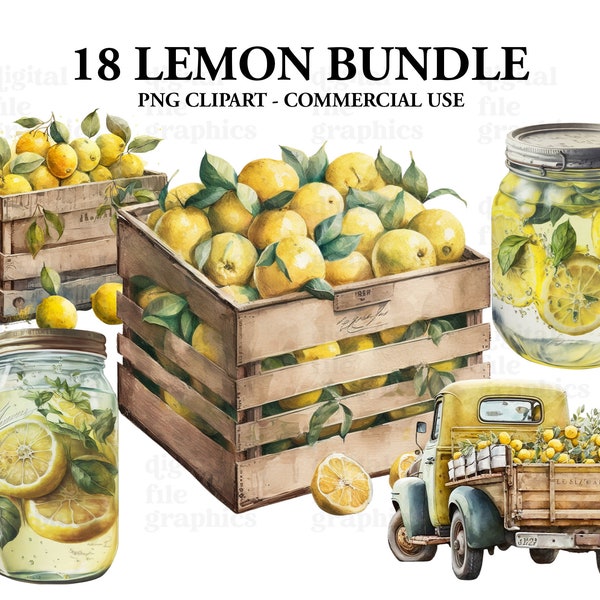 Lemon Watercolor Clipart, Lemon truck clipart, Lemons Bundle PNG, clipart set, Paper craft - Junk Journal, Scrapbooking