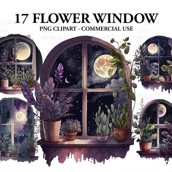 Flower Night Window Watercolor Clipart, Tropical Window clipart, Houseplants, Watercolor Bundle PNG, Fantasy Window, Instant Download