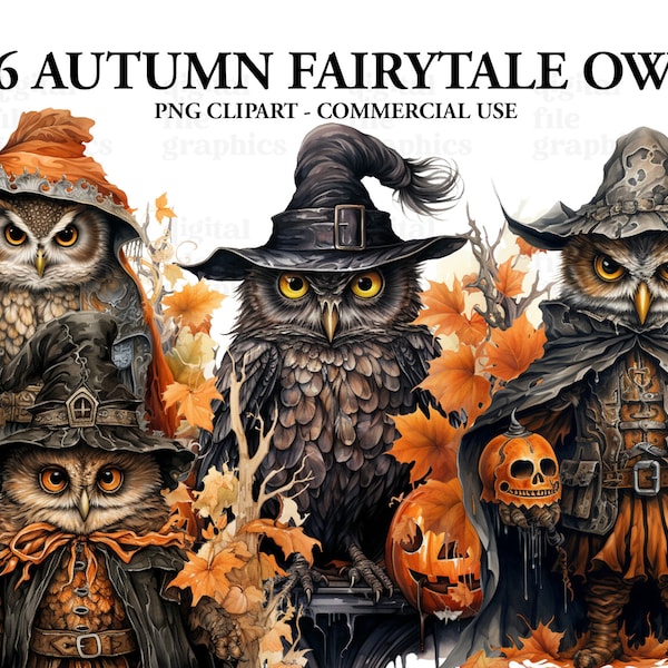 Halloween Autumn Fairytale Owl Watercolor Clipart, Halloween Owl Clipart PNG, Scary art Clipart, Paper craft - Junk Journal, Scrapbooking