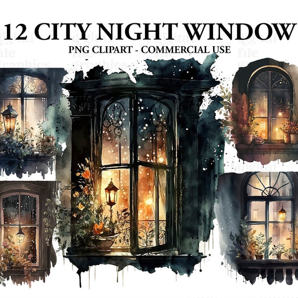 City Night Window Watercolor Clipart, City Window clipart, Streetlights, Watercolor Bundle PNG, Fantasy Window, Instant Download