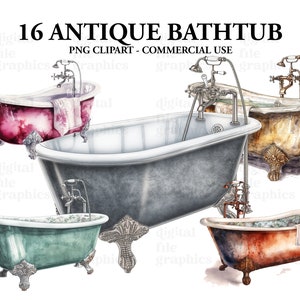 Antique Bathtubs Watercolor Clipart, Bath tub clipart, Bathroom clipart, clipart Bundle PNG, Junk Journal, Paper Crafts Scrapbooking image 1