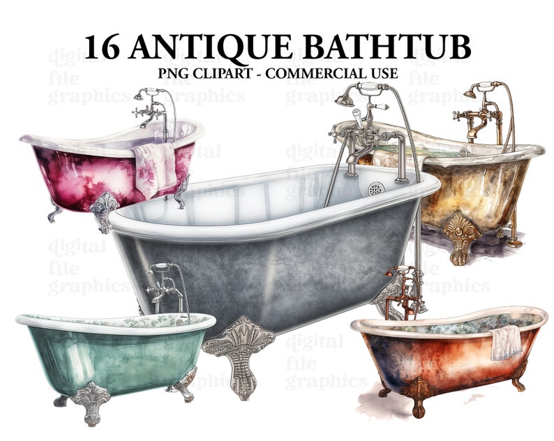 Antique Bathtubs Watercolor Clipart, Bath tub clipart, Bathroom clipart, clipart Bundle PNG, Junk Journal, Paper Crafts Scrapbooking image 1
