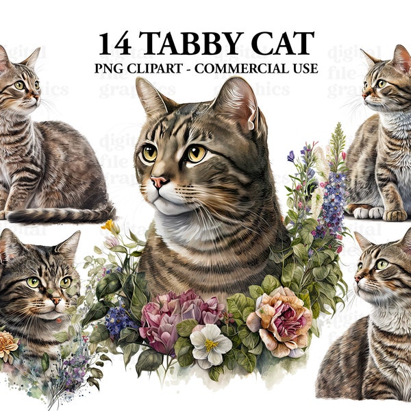 Tabby Cat Watercolor Clipart, Cute cat art, Fantasy clipart, Instant Download Scrapbook, Junk Journal, Paper Crafts Scrapbooking