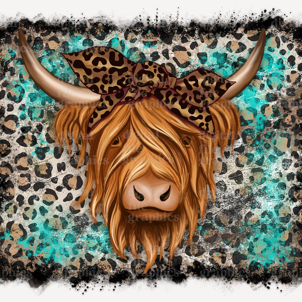 Highland Cow Leopard sublimation PNG, Leopard Background, Sublimation Design Downloads, Leopard Shirt print Sublimation, Cow with bandana