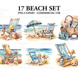 Beach Day Set Watercolor Clipart, Beach clipart, Beach Bag, Beach chair, Watercolor Bundle PNG, Scrapbooking, Instant Download image 2