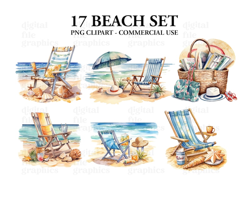 Beach Day Set Watercolor Clipart, Beach clipart, Beach Bag, Beach chair, Watercolor Bundle PNG, Scrapbooking, Instant Download image 2