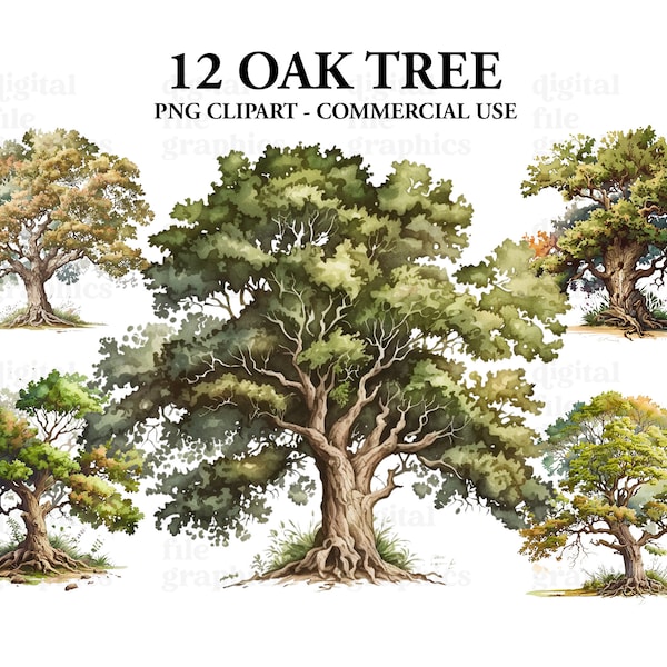 OakTree acuarela Clipart, hermosos árboles png, arte del paisaje, imágenes prediseñadas de bosque PNG, imágenes prediseñadas de árbol, descarga instantánea